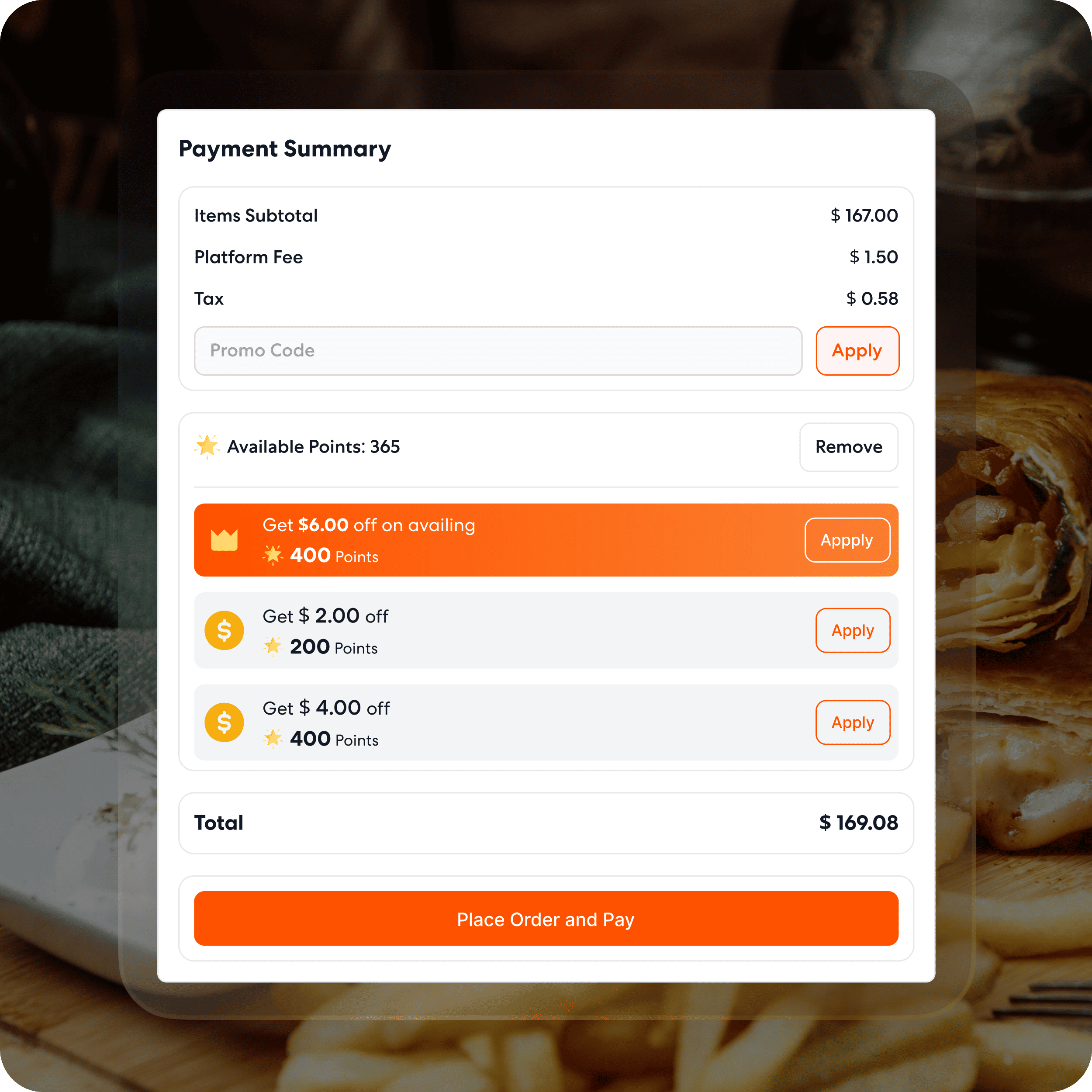 Checkout page displaying payment summary and reward point redemption options.