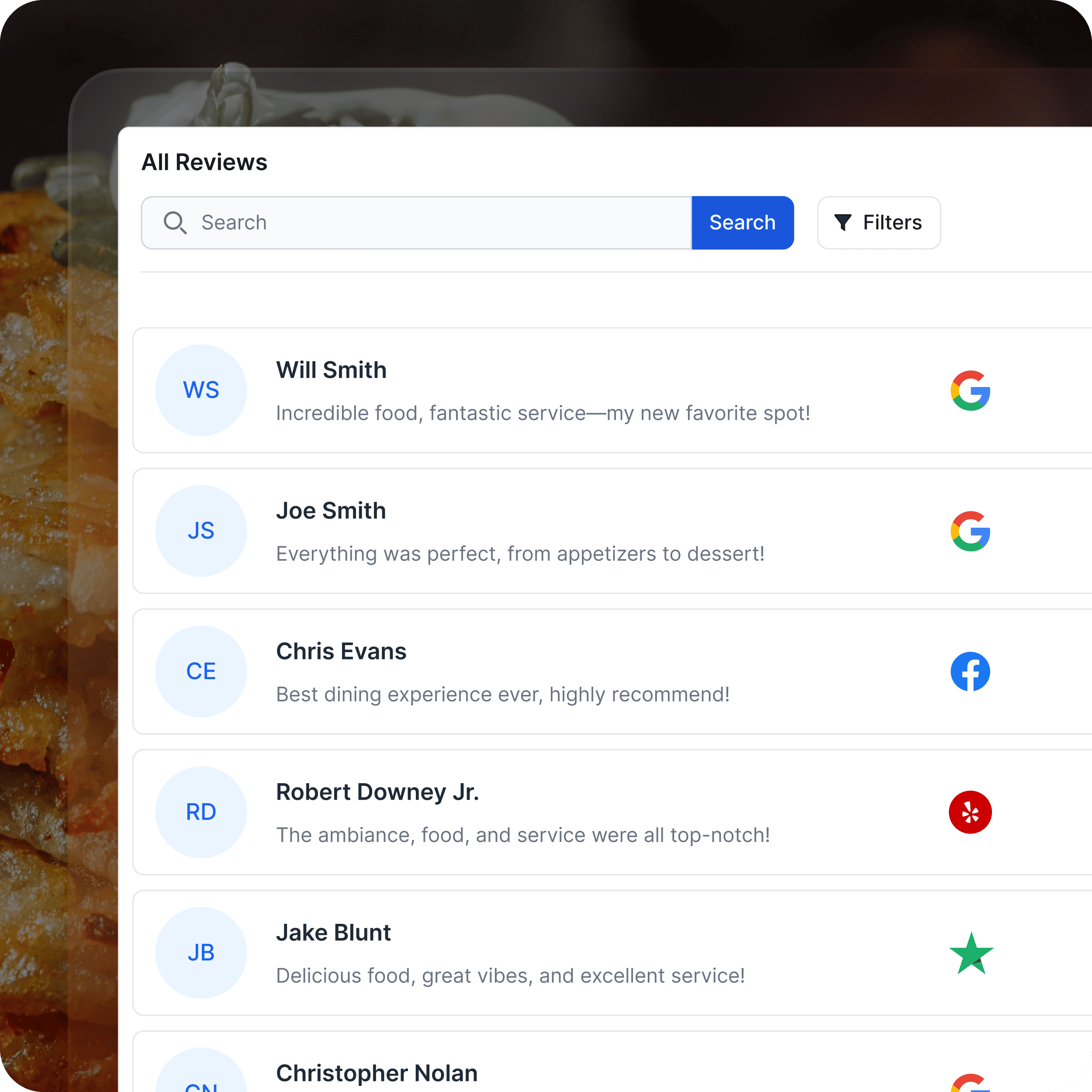 Customer review dashboard displaying a list of reviews from various platforms like Google, Facebook, and Yelp, with user ratings and search/filter options.
