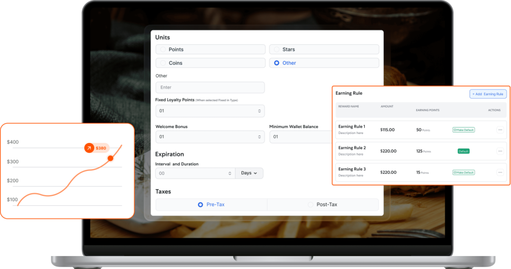 Loyalty program settings and earning rules displayed on a laptop screen.