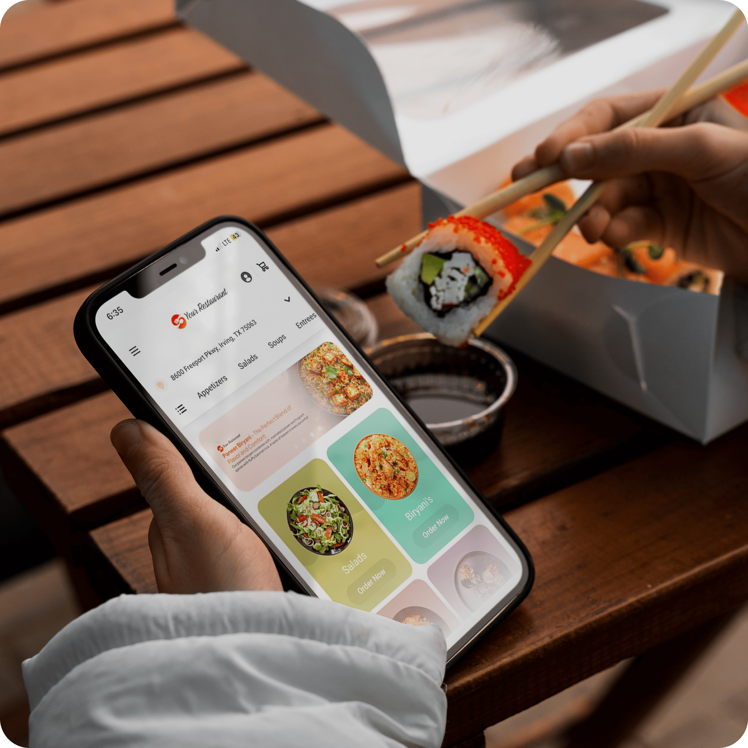 Person using a restaurant app on a smartphone while eating sushi.