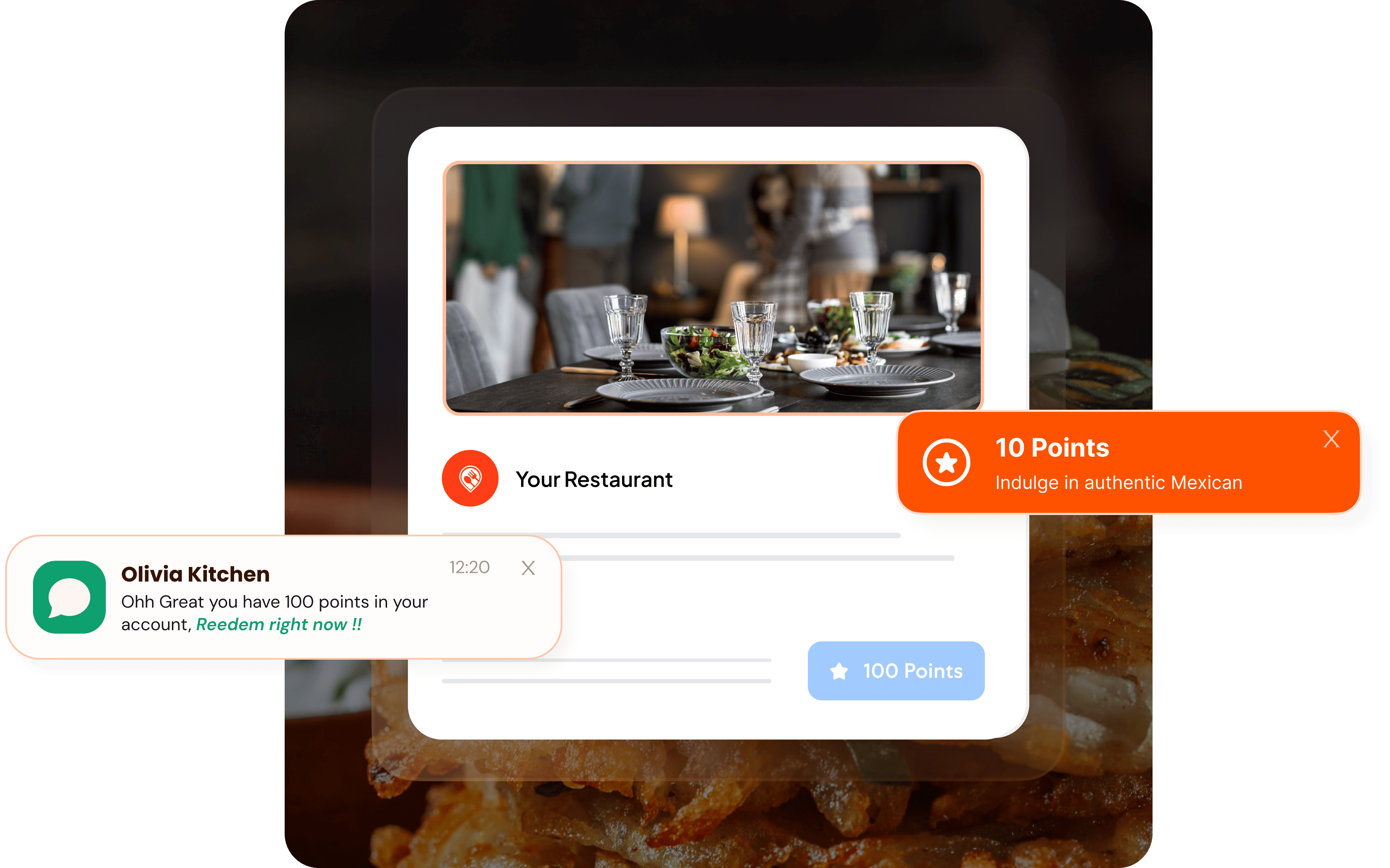 Restaurant loyalty rewards interface showing points and notifications.