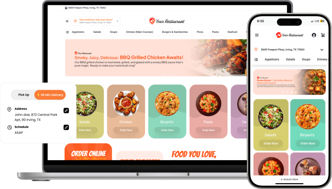Restaurant website displayed on a laptop and smartphone screen.