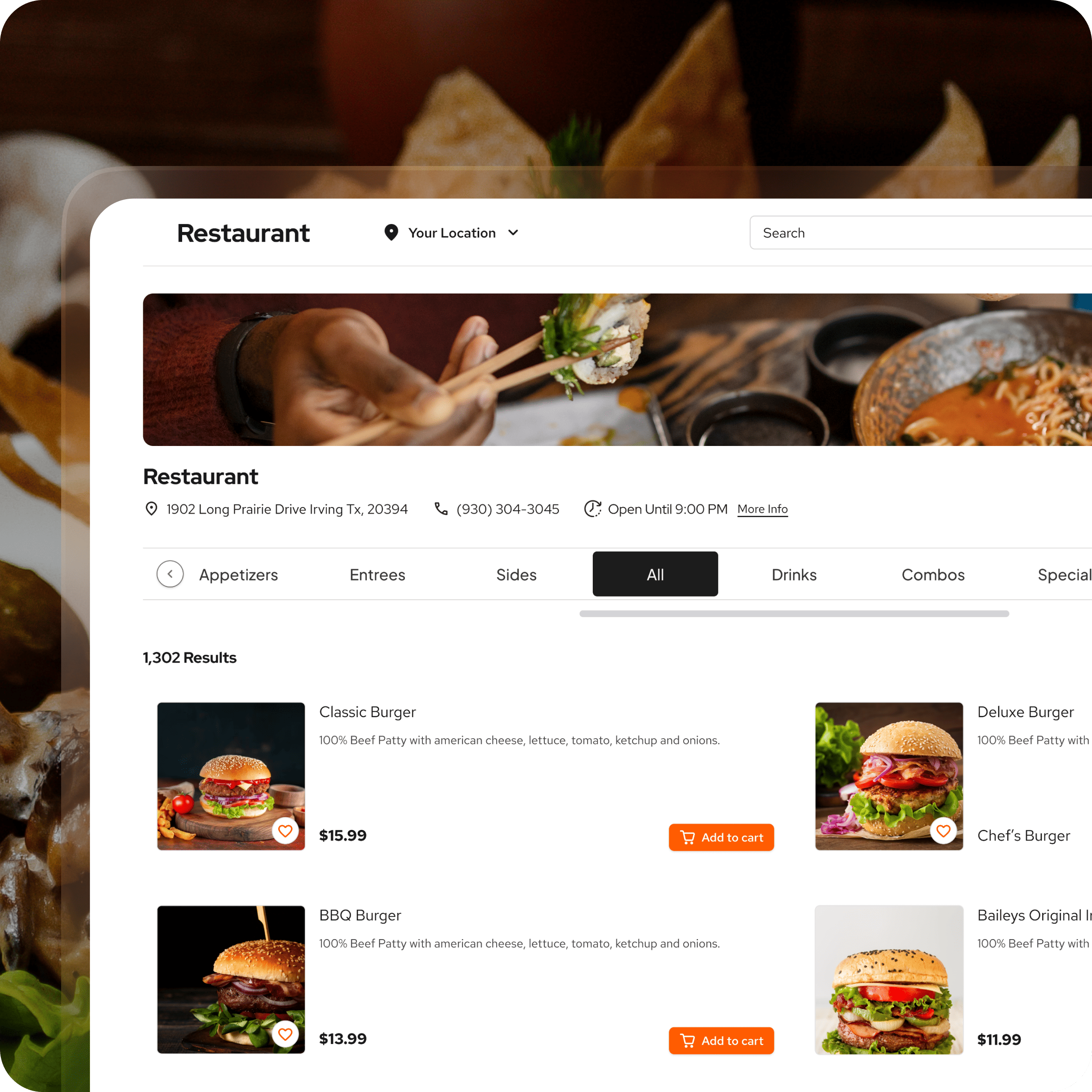 Restaurant website displaying menu items and burger listings.