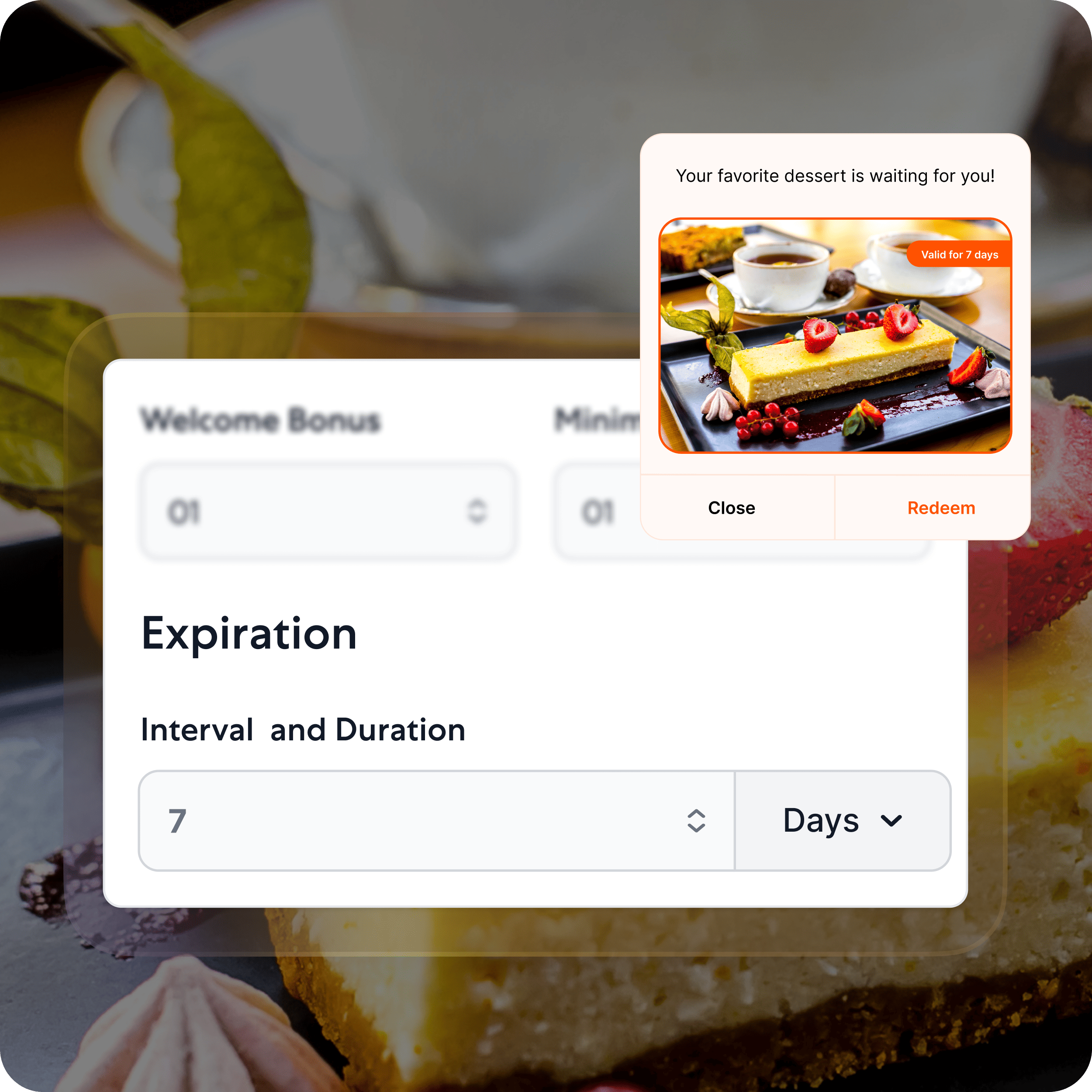 Reward expiration settings with a dessert redemption notification.
